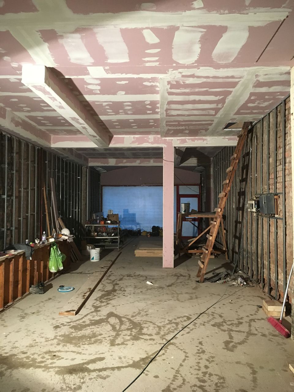 Ceiling boarded and bulkheads formed for the lighting scheme.