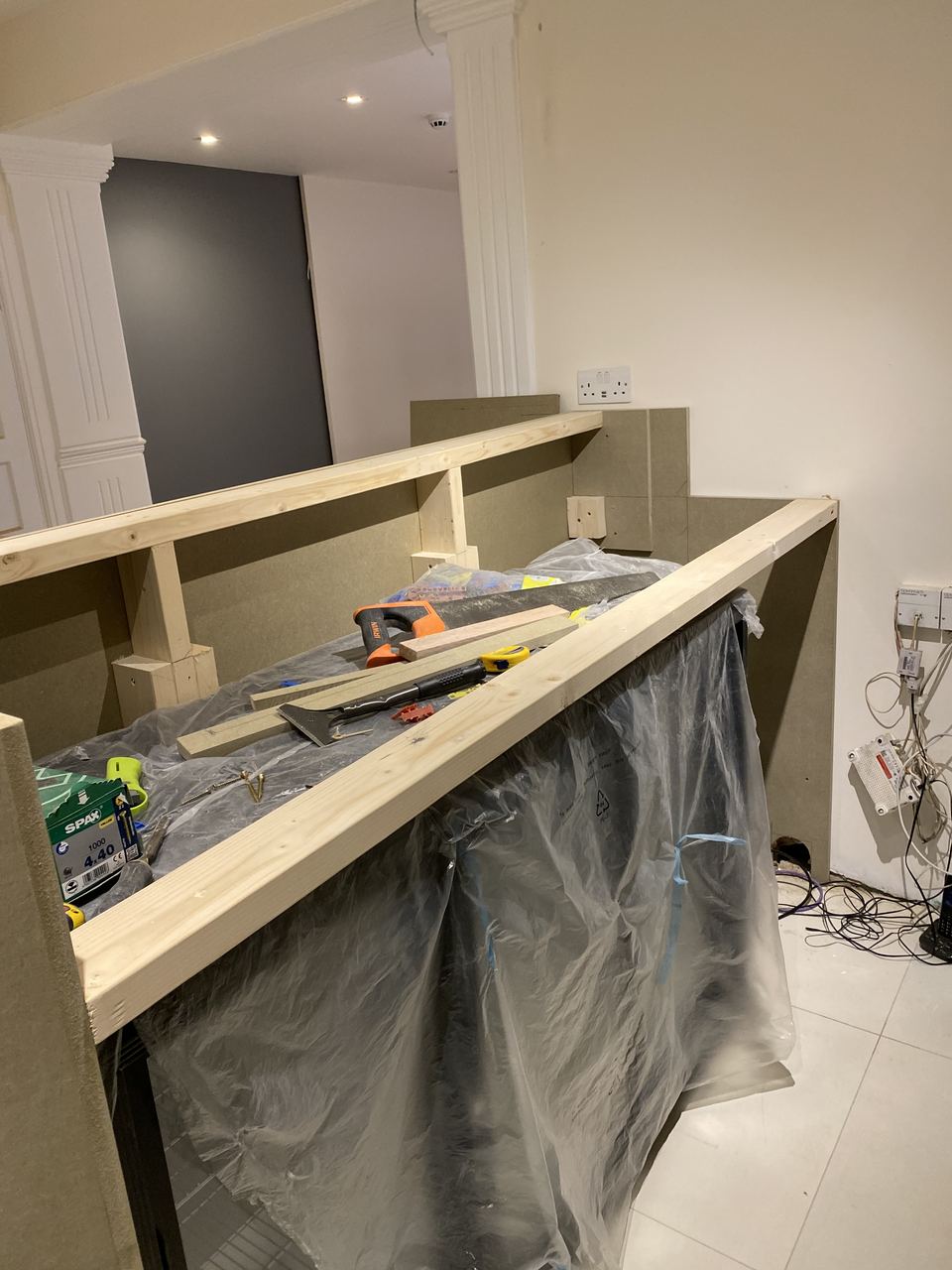 The bespoke servery counter being built on site.